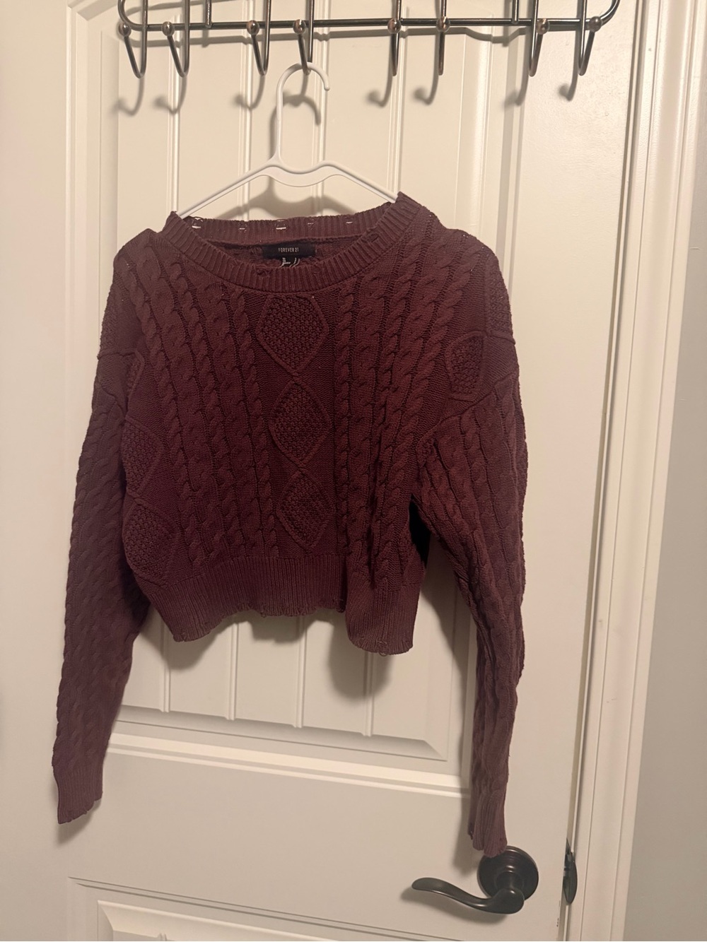 Forever 21 long cropped Cable Knit Crewneck Sweater - Wine